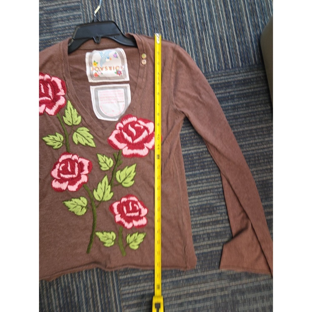 Joystick Johnny Was Roses Floral Hand Embroidered Top Sz M T-shirt Brown Boho - Picture 12 of 13